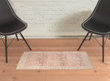 2' x 3' Red and Ivory Oriental Power Loom Distressed Area Rug