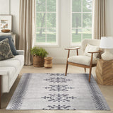 8' Blue and Off White Geometric Power Loom Washable Runner Rug