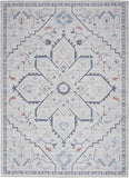 6' x 9' Ivory and Blue Oriental Power Loom Washable Area Rug