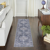 10' Blue and Red Floral Power Loom Distressed Washable Runner Rug