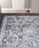 10' Blue and Ivory Floral Power Loom Distressed Washable Runner Rug