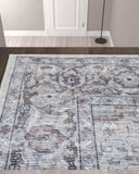 10' Beige and Ivory Floral Power Loom Distressed Washable Runner Rug