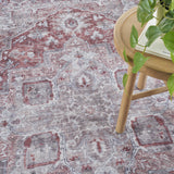 10' Red and Ivory Floral Power Loom Distressed Washable Runner Rug