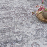 10' Gray and Ivory Floral Power Loom Distressed Washable Runner Rug