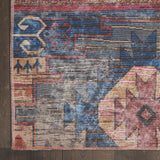 8' Blue and Red Geometric Power Loom Distressed Washable Runner Rug