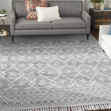 8' x 11' Gray and Ivory Geometric Hand Woven Area Rug With Fringe