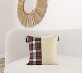 20" X 20" Ivory and Green Christmas Plaid Cotton Zippered Pillow With Tassels