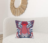 20" X 20" Blue and Red Cheetah Animal Print Cotton Zippered Pillow With Embroidery