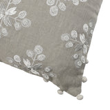 20" X 20" Beige and Ivory Floral Linen Zippered Pillow With Embroidery, Pom Poms