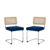 Set of Two Navy Blue and Silver Upholstered Velvet Dining Side Chairs