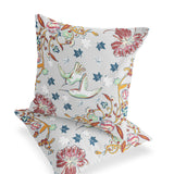 Set of Two 16" X 16" Gray and Blue Bird Blown Seam Floral Indoor Outdoor Throw Pillow