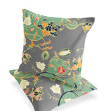 Set of Two 16" X 16" Gray and Orange Blown Seam Floral Indoor Outdoor Throw Pillow