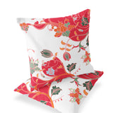 Set of Two 16" X 16" Red and White Blown Seam Floral Indoor Outdoor Throw Pillows