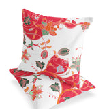 Set of Two 16" X 16" Red and White Blown Seam Floral Indoor Outdoor Throw Pillows