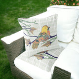 Set of Two 16" X 16" Green and White Bird Blown Seam Floral Indoor Outdoor Throw Pillow