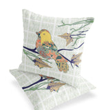 Set of Two 16" X 16" Green and White Bird Blown Seam Floral Indoor Outdoor Throw Pillow