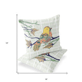 Set of Two 16" X 16" Green and White Bird Blown Seam Floral Indoor Outdoor Throw Pillow