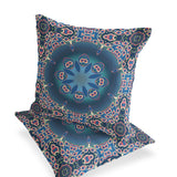 Set of Two 16" X 16" Blue and Pink Blown Seam Floral Indoor Outdoor Throw Pillow