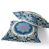 Set of Two 16" X 16" Blue and Green Blown Seam Floral Indoor Outdoor Throw Pillow