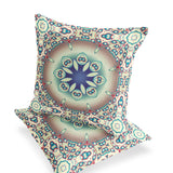Set of Two 16" X 16" Beige and Blue Blown Seam Floral Indoor Outdoor Throw Pillow
