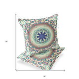 Set of Two 16" X 16" Beige and Blue Blown Seam Floral Indoor Outdoor Throw Pillow