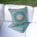 Set of Two 16" X 16" Blue and Green Blown Seam Eclectic Indoor Outdoor Throw Pillow