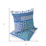 Set of Two 16" X 16" Blue and White Blown Seam Floral Indoor Outdoor Throw Pillow