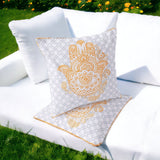 Set of Two 16" X 16" Gray and Gold Blown Seam Hamsa Indoor Outdoor Throw Pillow