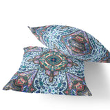 Set of Two 16" X 16" Blue and Pink Blown Seam Floral Indoor Outdoor Throw Pillow