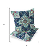 Set of Two 16" X 16" Blue and Green Blown Seam Floral Indoor Outdoor Throw Pillow