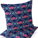 Set of Two 16" X 16" Blue and Gray Peacock Blown Seam Floral Indoor Outdoor Throw Pillow