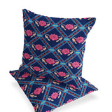 Set of Two 16" X 16" Blue and Pink Peacock Blown Seam Floral Indoor Outdoor Throw Pillow