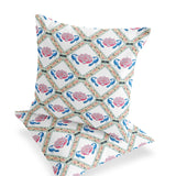Set of Two 16" X 16" Blue and White Peacock Blown Seam Floral Indoor Outdoor Throw Pillow