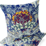 Set of Two 16" X 16" Blue and Yellow Blown Seam Floral Indoor Outdoor Throw Pillow