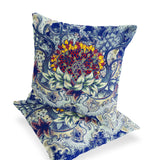 Set of Two 16" X 16" Blue and Yellow Blown Seam Floral Indoor Outdoor Throw Pillow