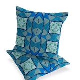 Set of Two 16" X 16" Blue and Green Blown Seam Eclectic Indoor Outdoor Throw Pillow