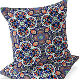 Set of Two 16" X 16" Blue and Black Blown Seam Floral Indoor Outdoor Throw Pillow