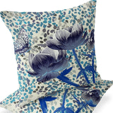 Set of Two 16" X 16" Blue and Off White Butterfly Blown Seam Floral Indoor Outdoor Throw Pillow