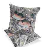 Set of Two 16" X 16" Gray and Pink Butterfly Blown Seam Floral Indoor Outdoor Throw Pillow
