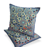 Set of Two 16" X 16" Gray and Blue Peacock Blown Seam Floral Indoor Outdoor Throw Pillow