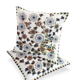 Set of Two 16" X 16" Blue and Off White Peacock Blown Seam Floral Indoor Outdoor Throw Pillow