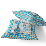 Set of Two 16" X 16" Blue and Gold Peacock Blown Seam Floral Indoor Outdoor Throw Pillow