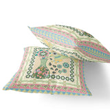 Set of Two 16" X 16" Beige and Pink Peacock Blown Seam Floral Indoor Outdoor Throw Pillow
