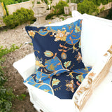 Set of Two 16" X 16" Blue and Orange Botanical Indoor Outdoor Throw Pillow