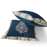 Set of Two 16" X 16" Blue and Orange Botanical Indoor Outdoor Throw Pillow