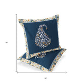 Set of Two 16" X 16" Blue and Orange Botanical Indoor Outdoor Throw Pillow