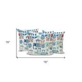 Set of Three 16" X 16" Blue and Green Botanical Indoor Outdoor Throw Pillow