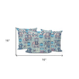 Set of Three 16" X 16" Blue and White Elephant Abstract Indoor Outdoor Throw Pillow