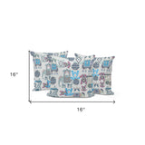 Set of Three 16" X 16" Blue and Gray Elephant Abstract Indoor Outdoor Throw Pillow