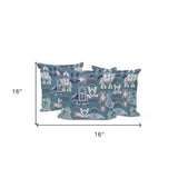 Set of Three 16" X 16" Blue and White Elephant Abstract Indoor Outdoor Throw Pillow